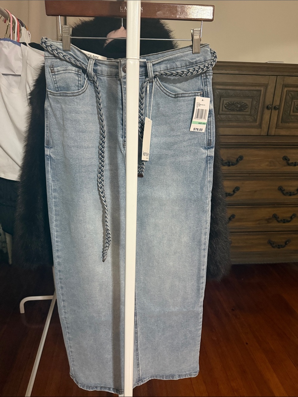 2 Kensie Light Blue High- Rise- Maxi Denim Skirts with Braided Belt, size 6&8